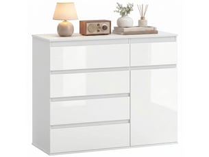 Buffet moderne, buffet de rangement avec 5 tiroirs, étagère réglable, porte à fermeture amortie, blanc laqué brillant