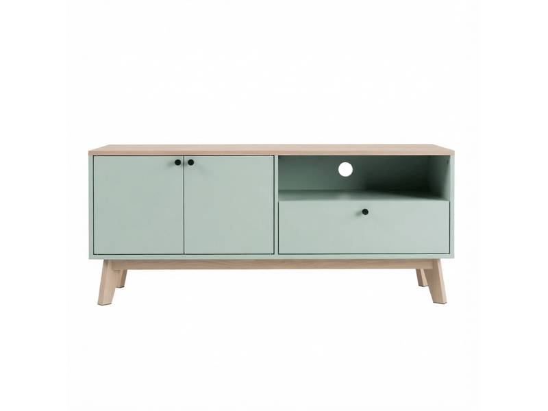  Meuble tv modenvie 120 x 35 x 50 cm avec 2 portes, tiroir et rangement ouvert mdf vert clair et chêne  - Conforama A