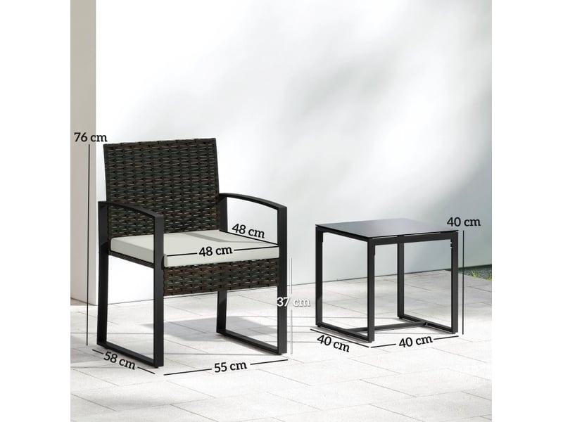 Salon de jardin 3 pièces 2 places, fauteuils 55 x 58 x 76 cm et table 40 x 40 cm, acier, résine tressée, gris crème - Conforama C