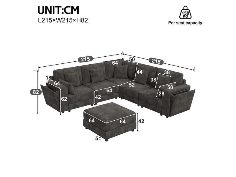 Canapé d’angle modulable canapé nuage 6 places 215x215x82 cm en ul avec usb-c, porte-gobelets, rangement, 7 coussins, chenille gris OPULERANE TRADING LTD - Conforama C