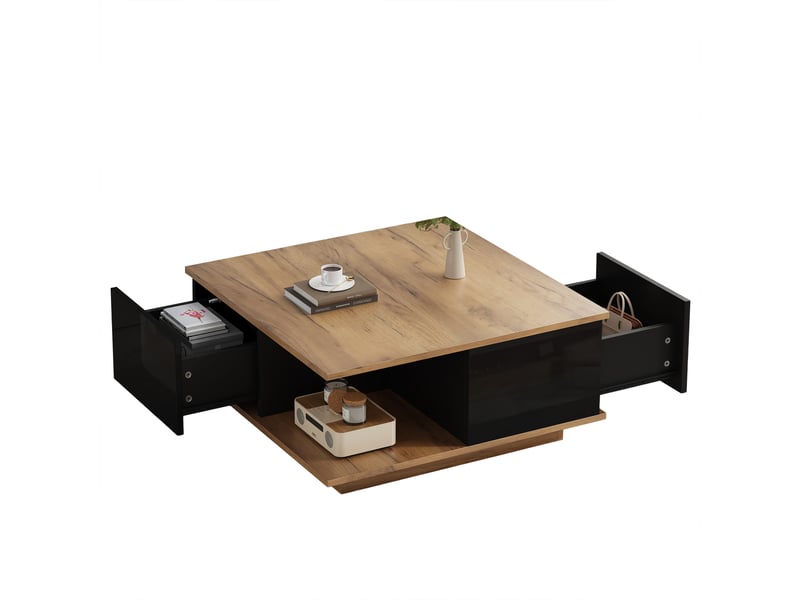  Table basse carrée 70x70 noir et bois, table de salon avec 3 tiroirs et rangement semi-ouvert, finition brillante  - Conforama A