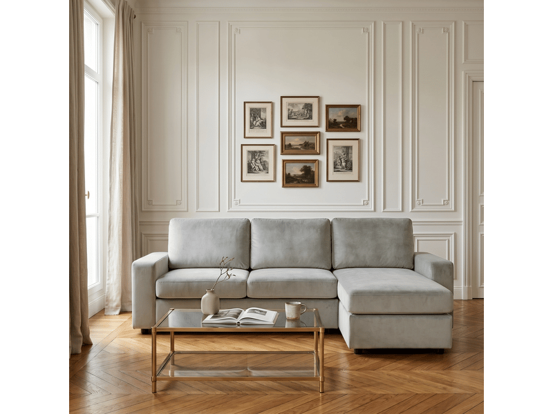  Canapé d'angle avec rangement 3 places - canapé avec méridienne réversible 245,5 cm - gris clair  - Conforama D