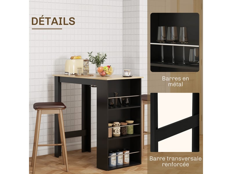  Table de bar table haute de cuisine mange-debout comptoir - dim. 112l x 57l x 106h cm - 3 étagères - noir  - Conforama E