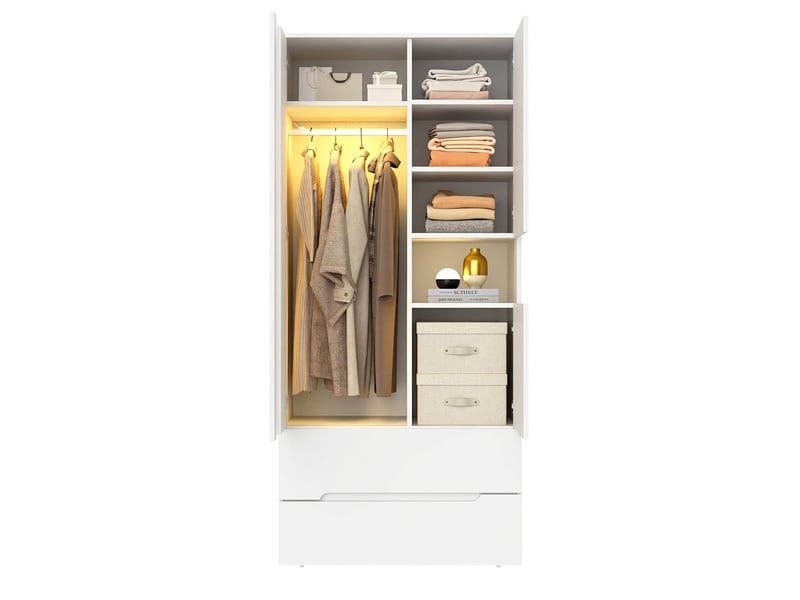  Armoire de chambre blanche avec led 90x50x200 cm 3 portes 2 tiroirs et penderie  - Conforama A
