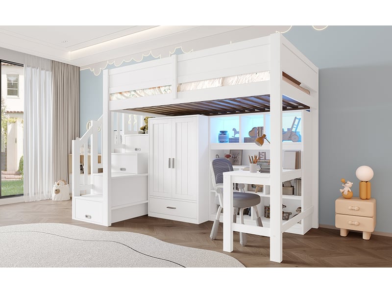 Lit mezzanine 90 × 200 cm, bureau, étagères, armoire et escalier avec rangements, éclairage led, pin et mdf, blanc - Conforama B