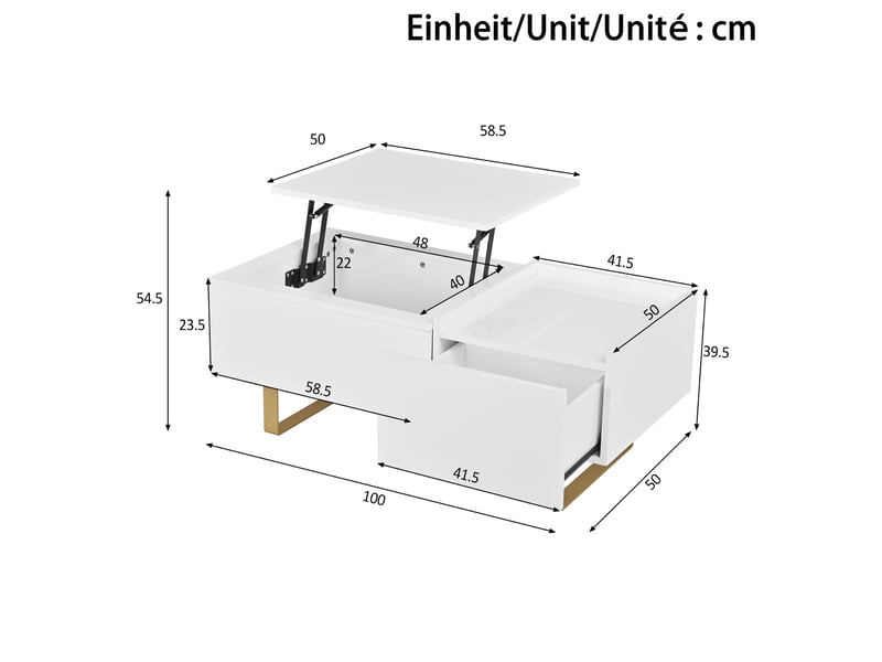  Table basse réglable en hauteur, table basse de rangement en mdf finition brillante, table basse avec tiroir et pieds en fer, table de salon moderne  - Conforama C