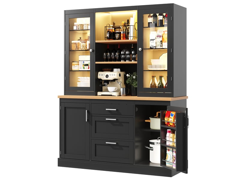 Buffet haute de cuisine avec éclairage led 140 x 40 x 185cm buffet en bois avec 3 tiroirs et étagère réglable conception anti-basculement noir BUBBLY - Conforama A