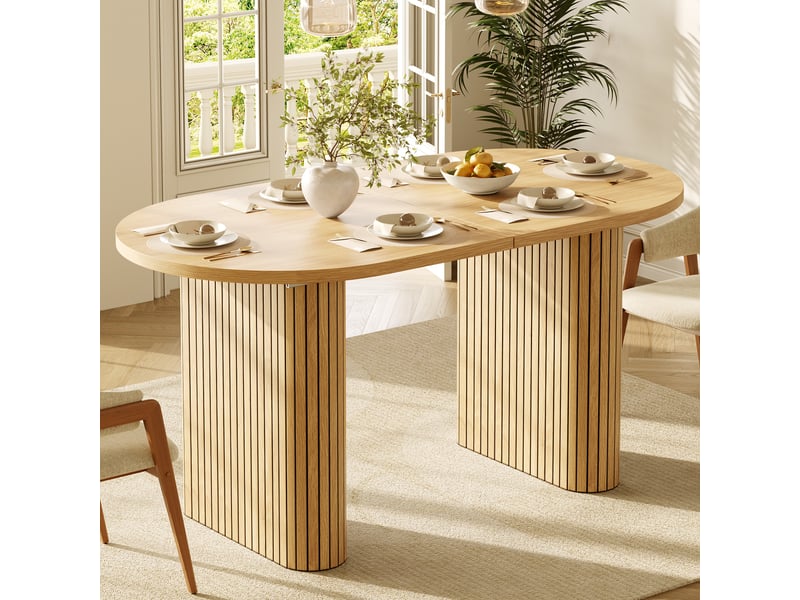 Table de salle à manger extensible 120-160x80x75,5 cm, plateau ovale effet bois à relief vertical, supporte 60 kg, mdf et métal, naturel Sol Morn - Conforama E