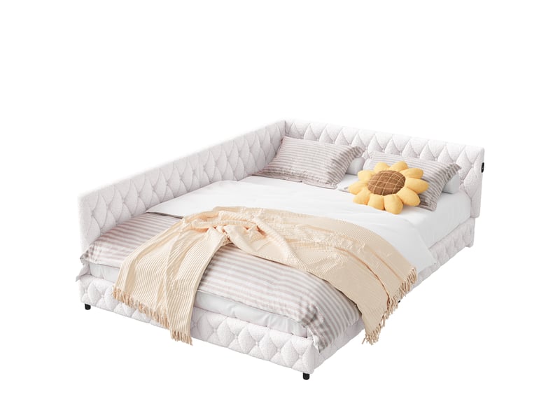 Lit 140x200 cm avec led et usb, lit plat ,lit double avec sommier, velours teddy, beige, design moderne - Conforama A