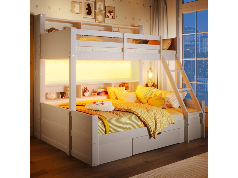  Lits superposés 90x200cm+140x200cm blanc, échelle, garde-corps, compartiments, tiroir, led, sans matelas  - Conforama C