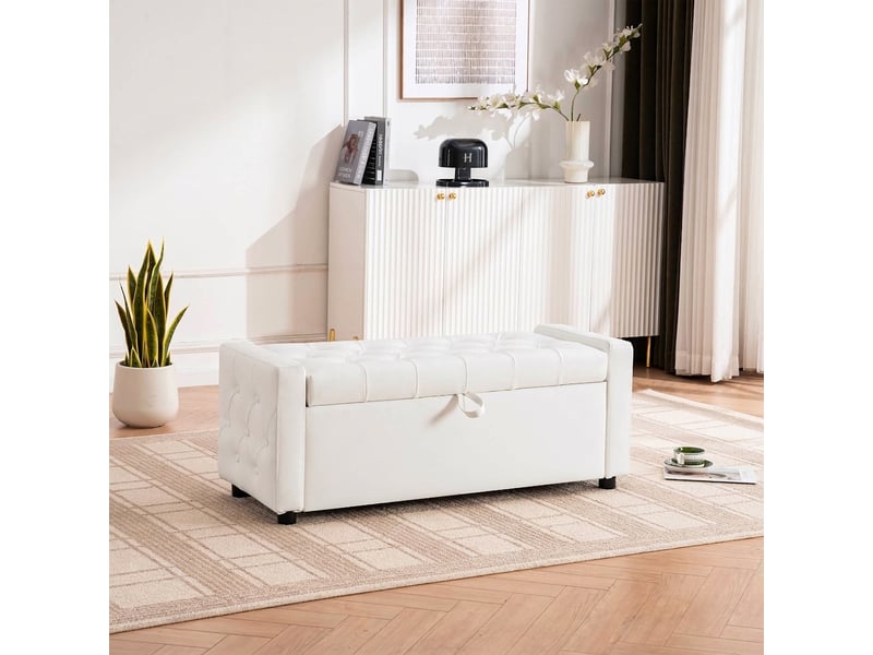  Banc de rangement blanc 122 cm en cuir pu capitonné, coffre pour chambre et salon, 122x45x47 cm  - Conforama B