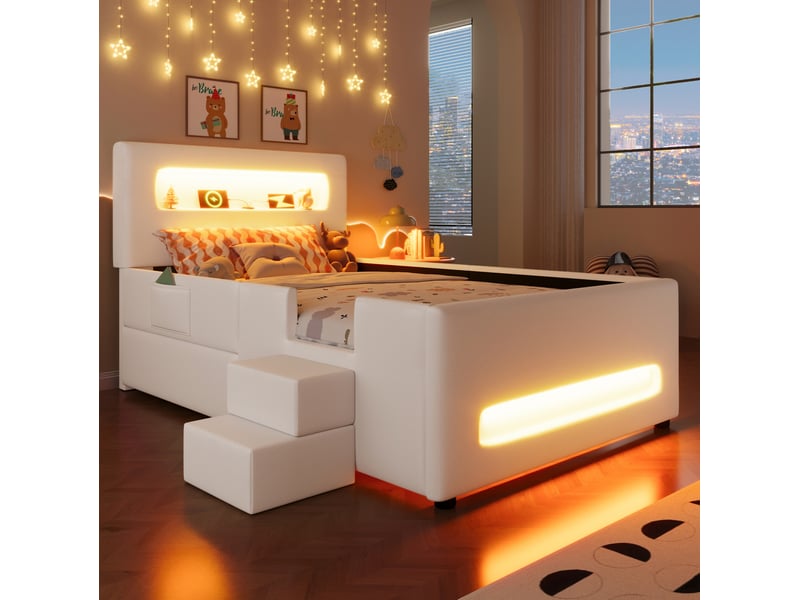  Modenvie lit enfant 90x200 cm - avec led, tiroir de rangement et escalier - pour chambre d'enfant - blanc  - Conforama D