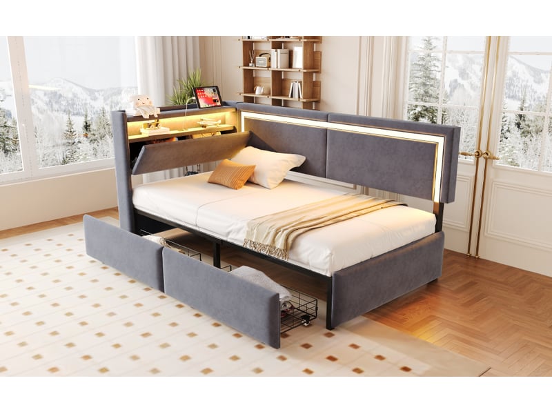  Canapé-lit 90x200 cm avec éclairage led et port usb, lit simple avec tête de lit en velours et tiroirs de rangement, gris foncé  - Conforama W