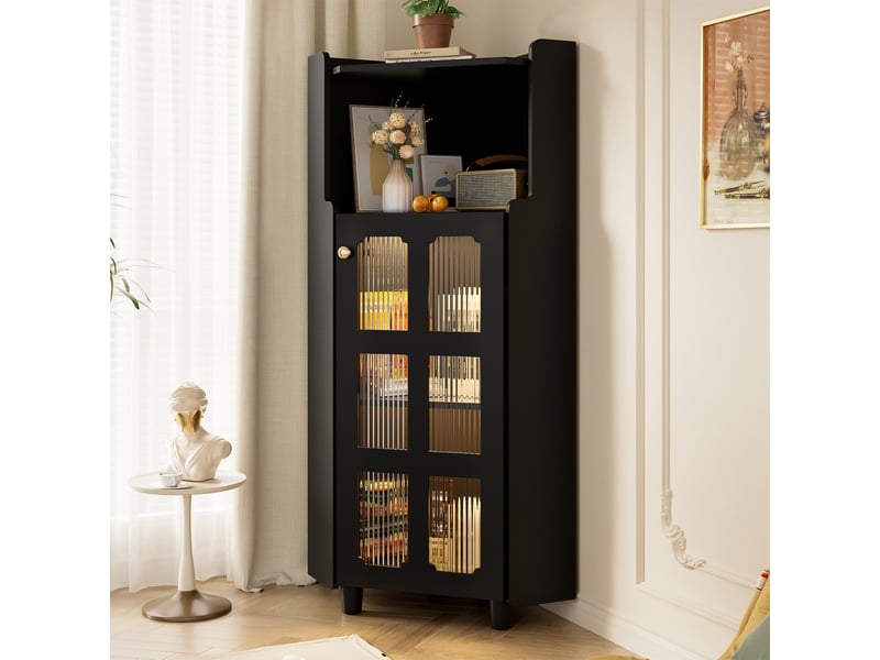  Armoire d'angle avec éclairage led, meuble d'angle noir laqué (63,5x124cm). Sans matelas.  - Conforama C