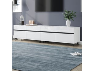 Meuble tv blanc à 4 portes, finition laquée, 180 cm, 8 pieds, pour salon moderne