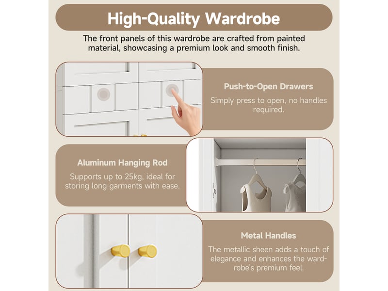  Armoire 4 portes avec tiroirs à pression et penderie pour chambre en mdf 80×50×200 cm blanc  - Conforama C
