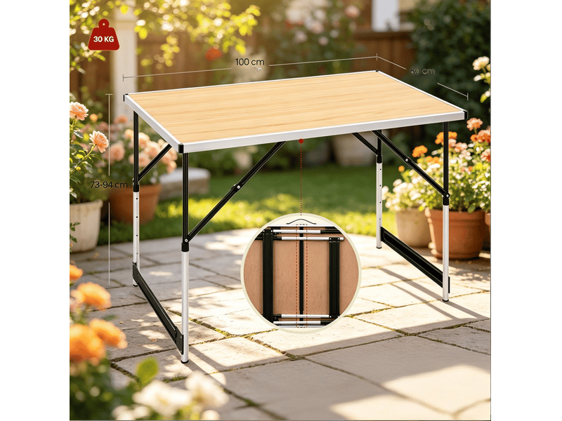  Table de camping pliante 100x60 cm chêne clair, aluminium et mdf, réglable en 4 niveaux de 73 à 94 cm  - Conforama C