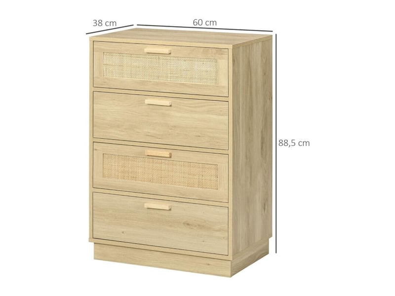  Commode design bohème en rotin avec 4 tiroirs, meuble de rangement pour le salon, le couloir, l'entrée, bois naturel  - Conforama C