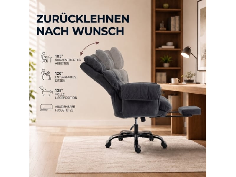 Chaise de bureau rembourrée à roulettes, dossier réglable, hauteur ajustable, acier gris foncé - Conforama E