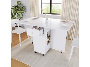 Table à manger pliable 120x75x75 cm blanche avec rangement et 2 tiroirs
