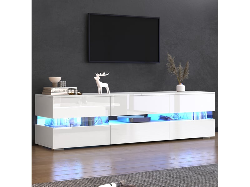  Meuble tv blanc brillant 160 x 39 x 45 cm avec led, 2 portes et 1 tiroir  - Conforama D