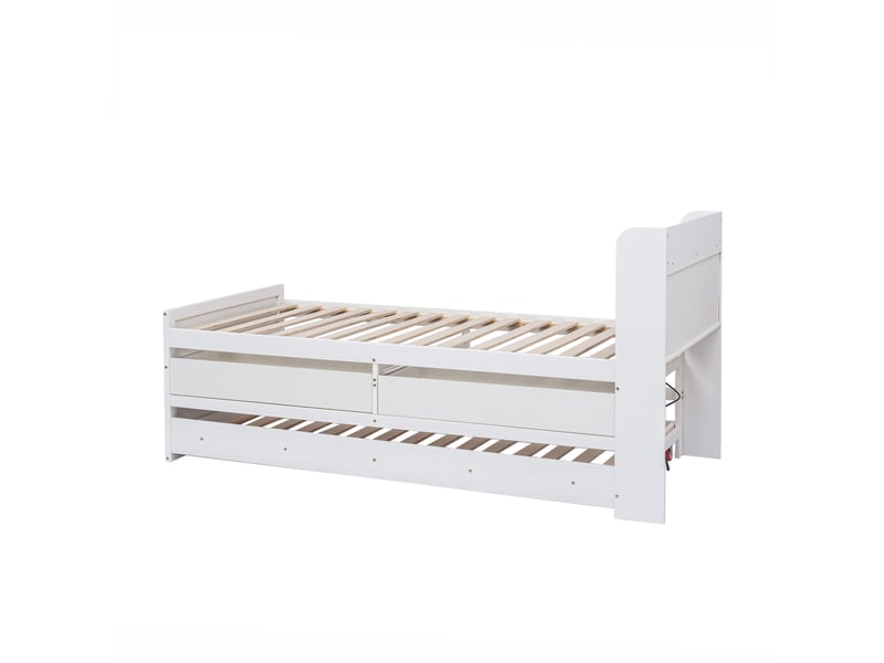 Lit gigogne 90x190 cm avec tiroirs de rangement, port usb, bois, blanc sans matelas  - Conforama E