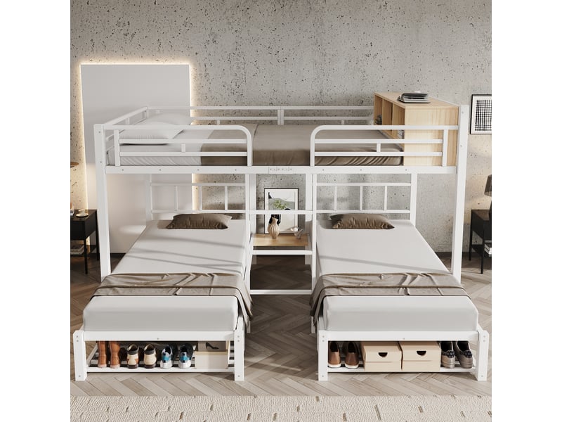  Lit superposé familial 140x20090x200 cm, 3 couchages, étagère, range-chaussures, échelle, structure métal, blanc OMNIGLINT TRADING LTD - Conforama D