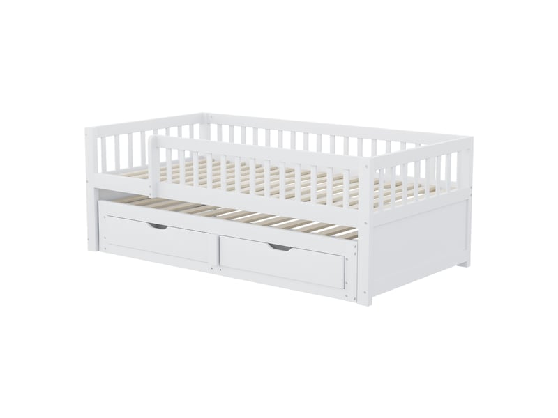  Canapé-lit en bois massif 90 x 200 cm, barrière de sécurité intégrale, lit gigogne avec 2 tiroirs de rangement, sommier à lattes, lit enfant, lit ado, lit d'appoint, lit adulte, blanc  - Conforama E