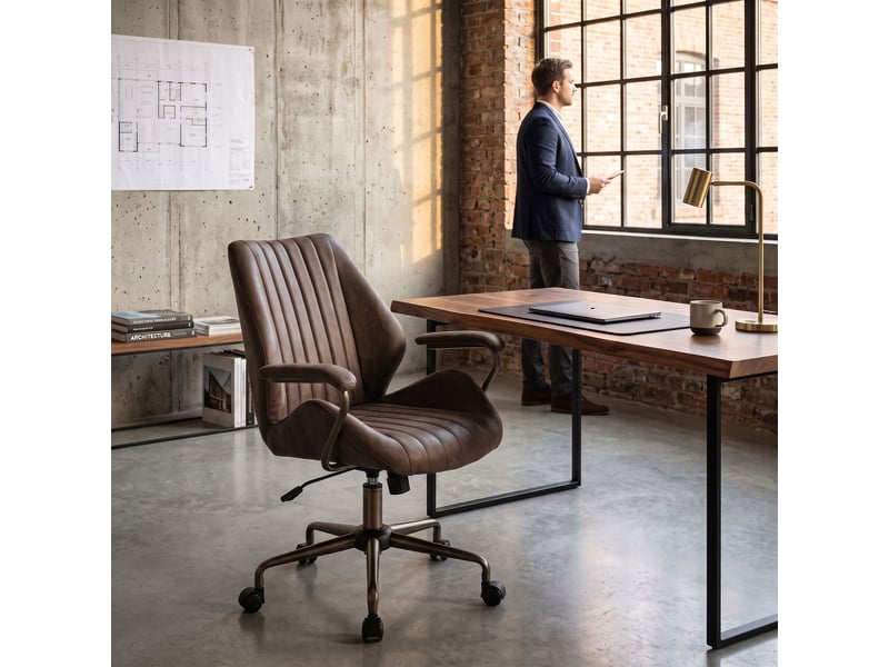  Havana - fauteuil de bureau 45 x 92 x 37 cm, style industriel chic, en similicuir avec piètement étoile en bronze brossé  - Conforama B