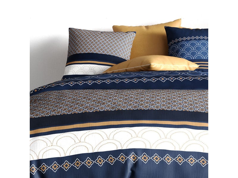  Parure housse de couette 260x240cm + 2 taies motif graphique blanc bleu et jaune 100% coton - olypsia OLYPSIA - Conforama D