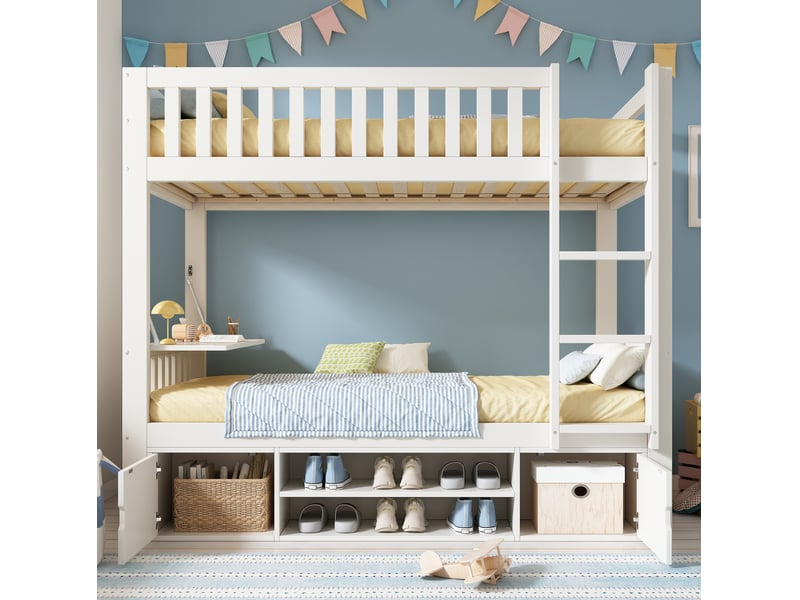  Lit mezzanine enfant 90x200 cm avec table rabattable et range-chaussures bois blanc sans matelas  - Conforama B