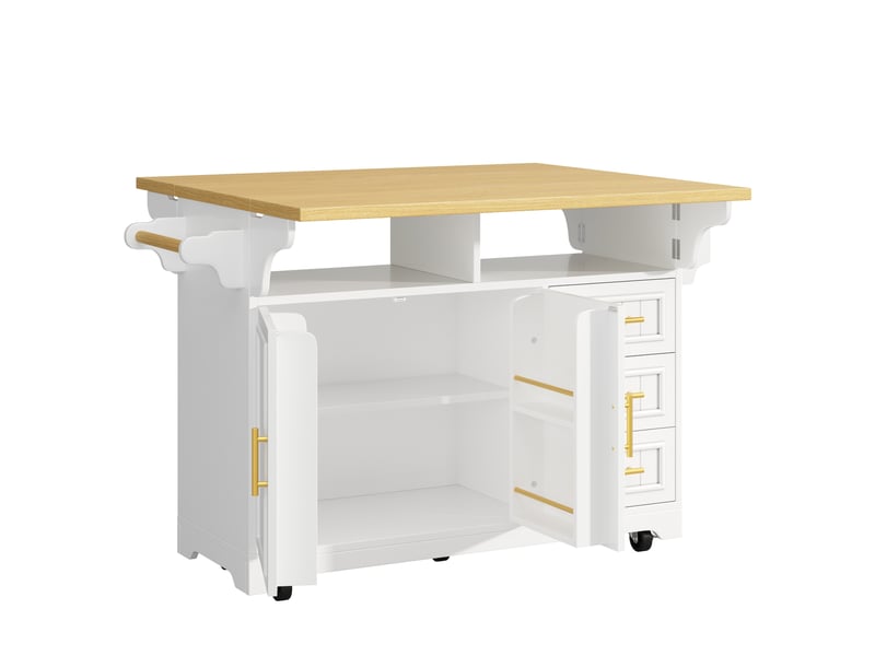  Desserte 2 portes 3 tiroirs - îlot de cuisine mobile à plateaux rabattables 120x40x95 cm mdf blanc effet chêne  - Conforama E