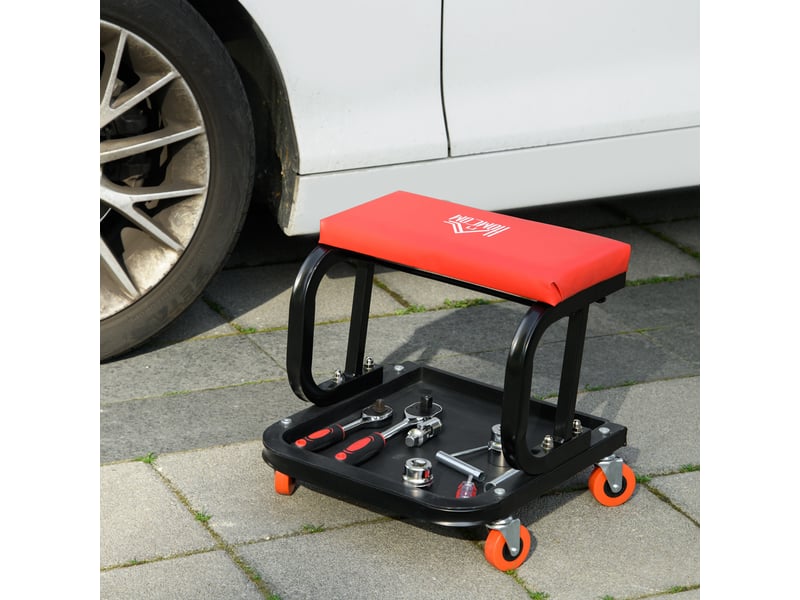 Tabouret d'atelier mobile avec roulettes et plateau pour outils avec structure en acier supportant 100 kg pour garage en rouge - Conforama D