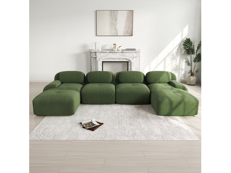  Canapé d'angle modulable u 4 places en velours côtelé vert, sans montage, avec mousse 32d et base antidérapante  - Conforama E