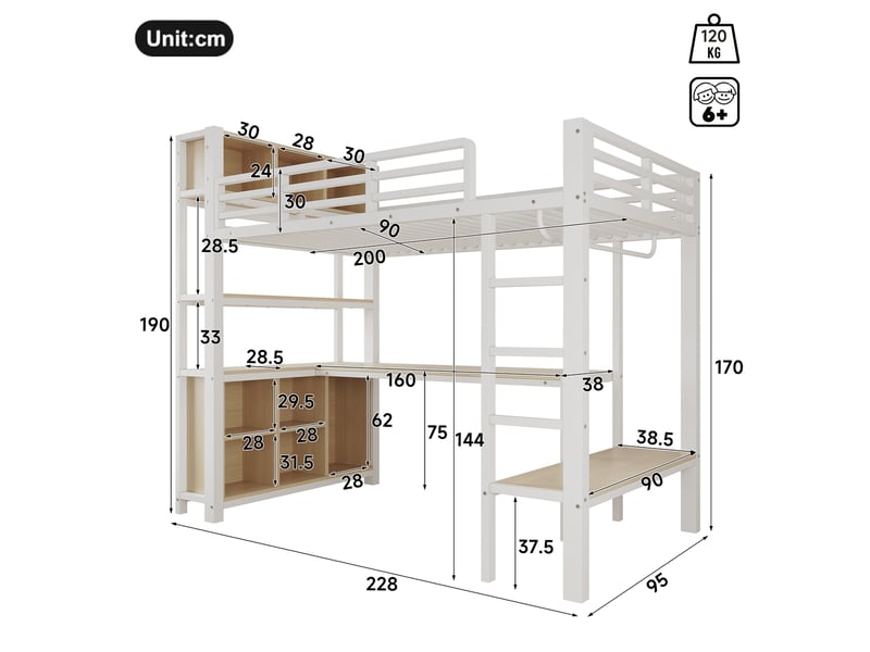  Lit mezzanine 90x200 cm avec bureau et rangements coloris blanc  - Conforama C