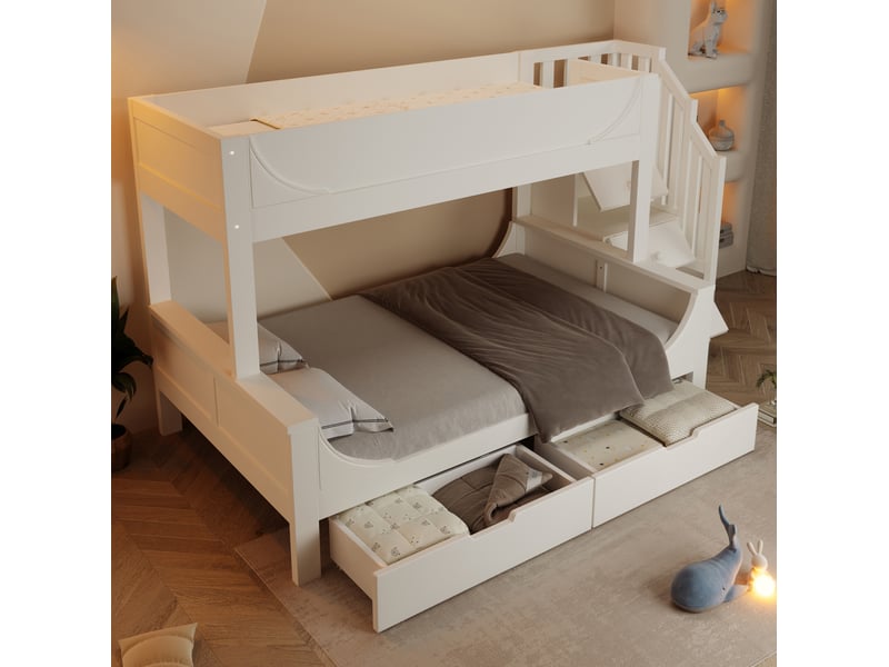  Lit enfant superposé, 253x148x150 cm, avec armoire d'escalier, tiroirs, matelas non inclus, bois et mdf, coloris blanc  - Conforama E