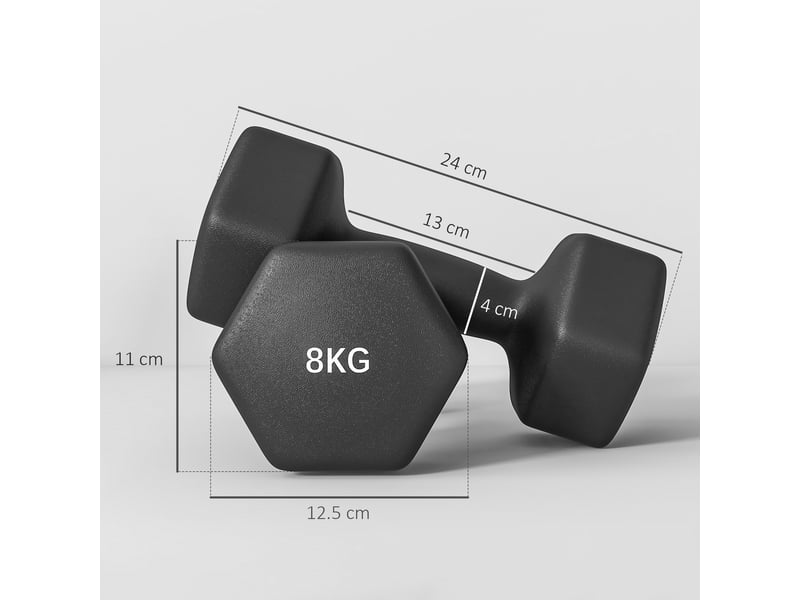  Lot de 2 haltères hexagonales, 2 x 8 kg, métal et plastique, avec poignée antidérapante, 24 x 11 x 11 cm, noires  - Conforama E