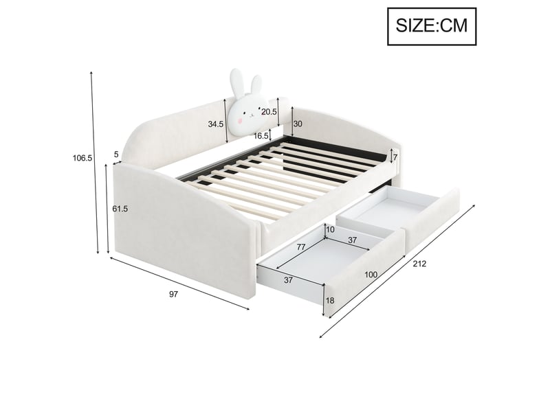  Lit banquette enfant 90 × 200 cm, 2 tiroirs, coussin lapin, côtés rembourrés, led, sommier à lattes, velours beige  - Conforama C