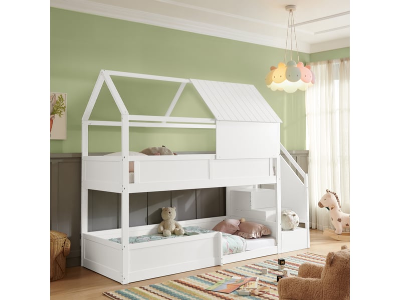  Lit superposé 2 couchages 80 × 200 cm en bois avec toit, barrières et escalier pour chambre d'enfant, blanc  - Conforama B