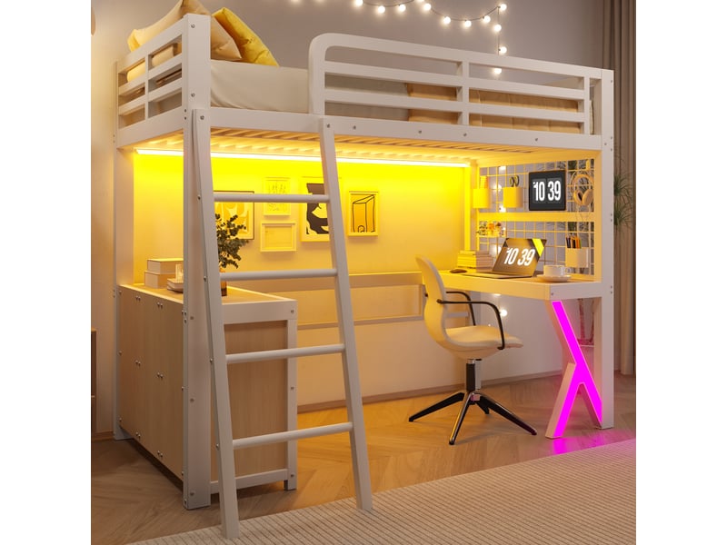  Lit mezzanine enfant 90x200 cm, bureau, placards de rangement, led multicolore, grille, métal et mdf, blanc Radiant Stride - Conforama D