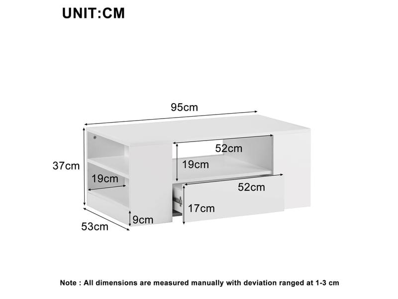  Table basse avec 2 tiroirs et 2 niches led, style moderne, pour salon, en panneau de particules, blanc brillant  - Conforama C