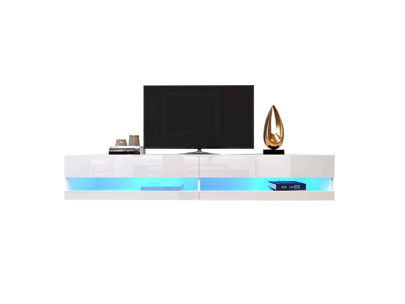  Meuble tv bas 140x40x30,5cm a led blanc, meuble tele de haute qualité avec d'espace de rangement pour votre salon avec éclairage led  - Conforama C