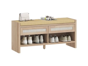 Banc chaussures entrée, banc de rangement, assise rembourrée en lin, 2 tiroirs en rotin et étagère ouverte, chêne
