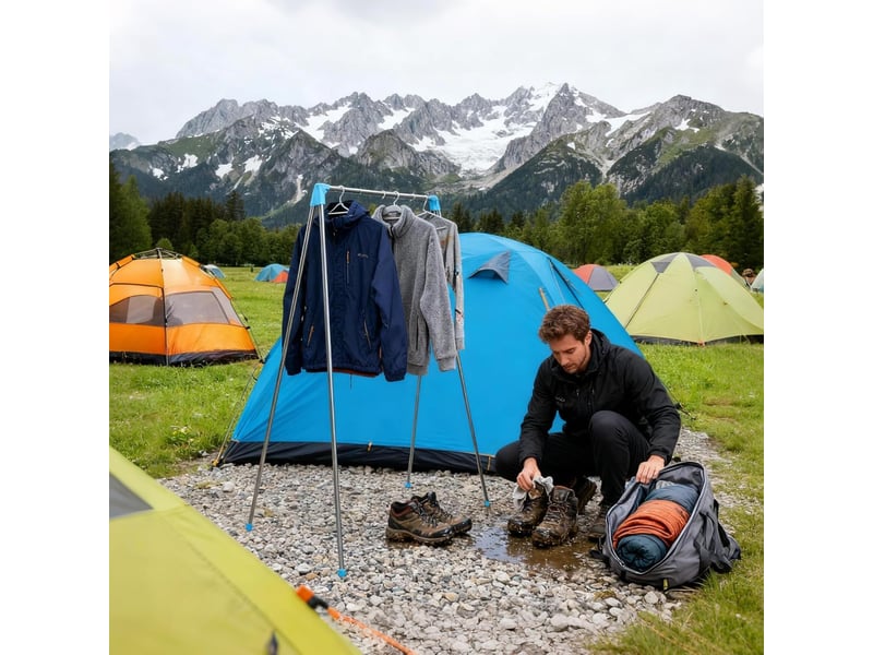 Portemanteau pliable portable, épaissi, de voyage, en acier inoxydable, pour le camping en plein air, outil de séchage portable, pour buanderie, bleu - Conforama E