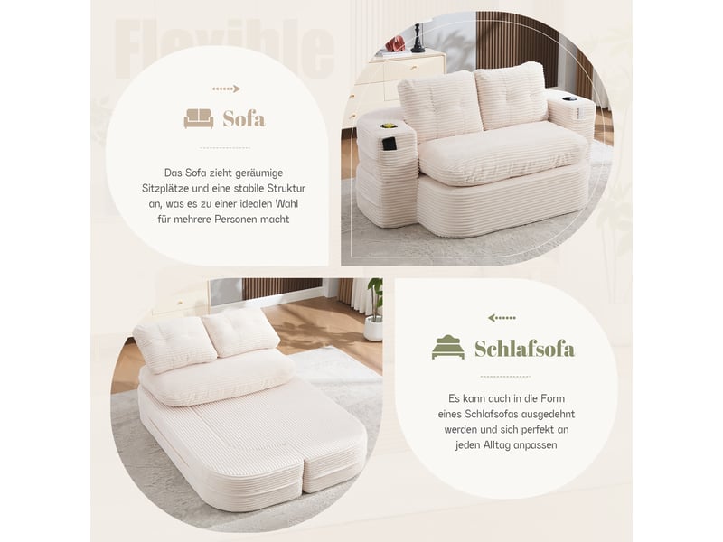 Canapé convertible, canapé-lit, en velours tricoté, beige, porte-gobelets, assise profonde, pliable, 2 en 1  - Conforama E