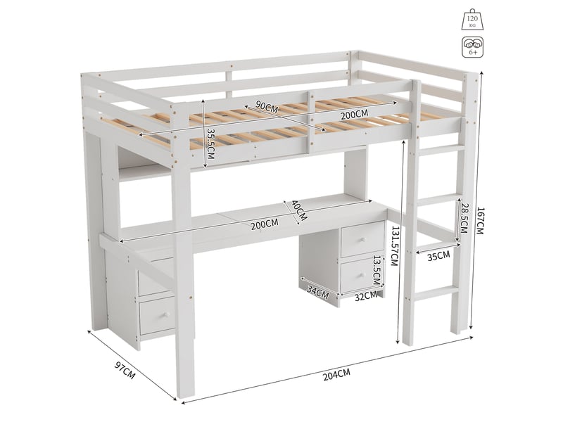  Lit mezzanine,90x200 cm,avec bureau et rangement,pin et mdf,blanc  - Conforama C
