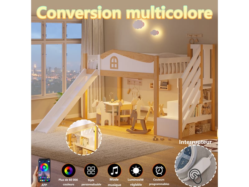 Lit superposé 90x200 cm avec led, garde-corps échelle et rangements, lit enfant avec sommier à lattes en mdf et pin blanc - Conforama C