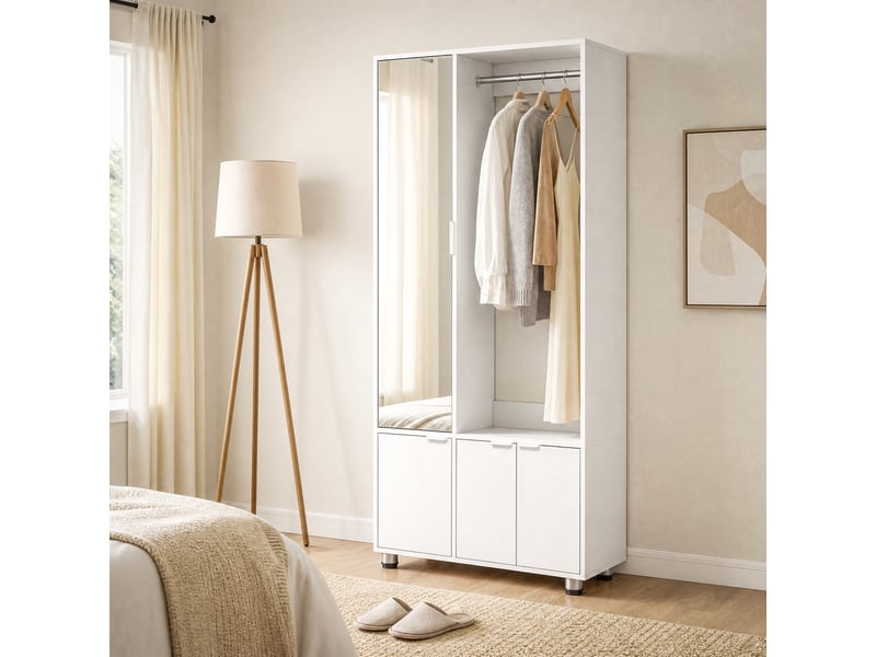  Armoire avec miroir, armoire moderne étroite avec penderie et compartiments de rangement, blanche  - Conforama D