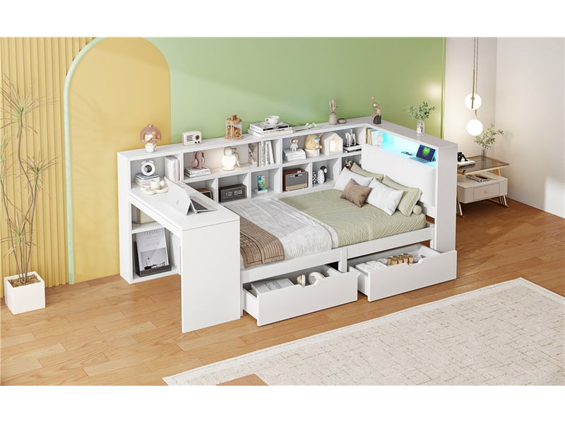  Lit combiné 90 × 200 cm en l, bureau, bibliothèque, tiroirs et tête rembourrée, led, mdf et contreplaqué, blanc  - Conforama B