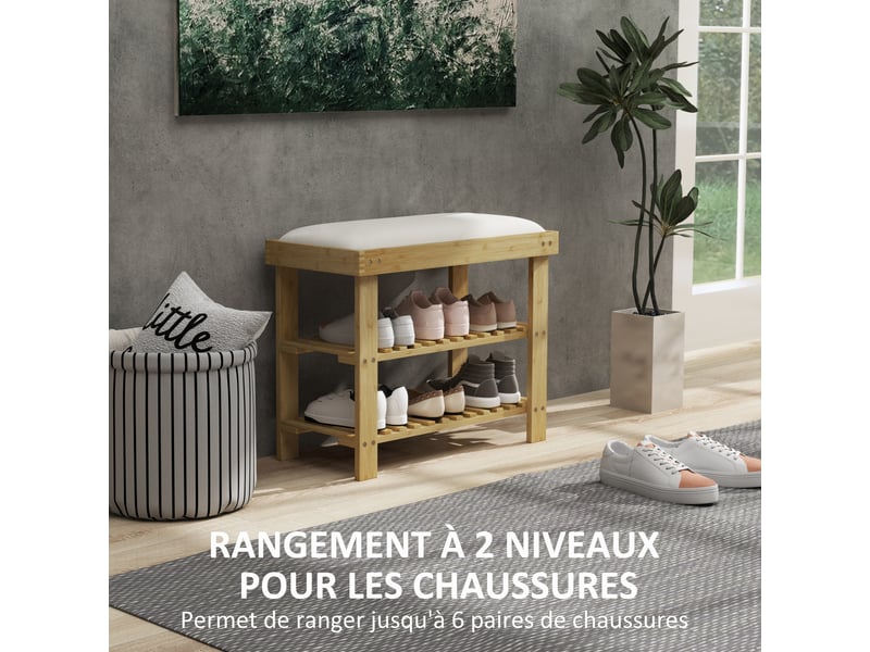  Banc à chaussures en bambou, étagère à chaussures à 3 niveaux, style scandinave, crème et bois naturel, 60 x 29 x 49 cm  - Conforama E